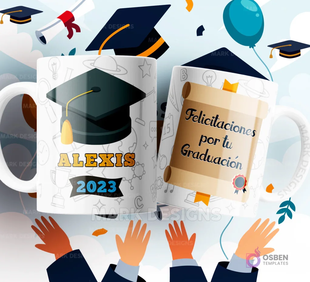 Dos tazas de sublimación blancas con diseños de graduación: una con un birrete y 'Alexis 2023' sobre un patrón sutil de símbolos académicos, y la otra con un pergamino y 'Felicitaciones por tu Graduación', sobre un fondo festivo. Dos tazas de sublimación blancas con diseños de graduación: una con un birrete y 'Alexis 2023' sobre un patrón sutil de símbolos académicos, y la otra con un pergamino y 'Felicitaciones por tu Graduación', sobre un fondo festivo.