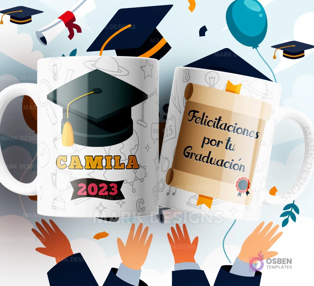 Dos tazas de sublimación blancas con diseños de graduación: una con un birrete y 'Camila 2023' sobre un patrón sutil de símbolos académicos, y la otra con un pergamino y 'Felicitaciones por tu Graduación', sobre un fondo festivo. Dos tazas de sublimación blancas con diseños de graduación: una con un birrete y 'Camila 2023' sobre un patrón sutil de símbolos académicos, y la otra con un pergamino y 'Felicitaciones por tu Graduación', sobre un fondo festivo.