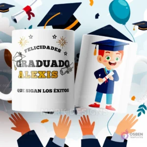 Dos tazas de sublimación blancas con diseños de graduación: una con birrete, diploma, y la frase 'Felicidades Graduado Alexis que sigan los éxitos', y la otra con un niño graduado de caricatura con un diploma, sobre un fondo festivo.