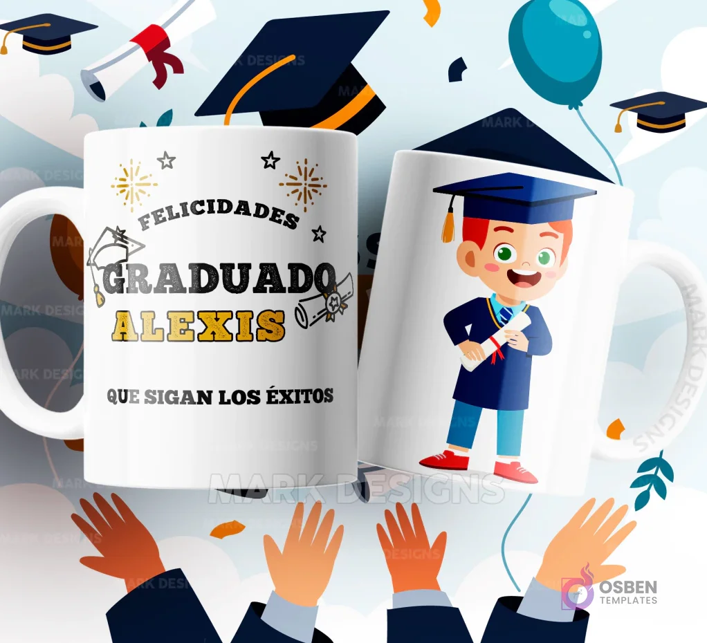 Dos tazas de sublimación blancas con diseños de graduación: una con birrete, diploma, y la frase 'Felicidades Graduado Alexis que sigan los éxitos', y la otra con un niño graduado de caricatura con un diploma, sobre un fondo festivo. Dos tazas de sublimación blancas con diseños de graduación: una con birrete, diploma, y la frase 'Felicidades Graduado Alexis que sigan los éxitos', y la otra con un niño graduado de caricatura con un diploma, sobre un fondo festivo.