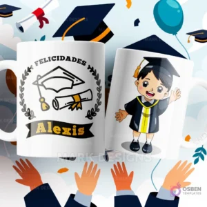 Dos tazas de sublimación blancas con diseños de graduación: una con birrete, diploma, y la frase 'Felicidades Alexis', y la otra con un niño graduado de caricatura saludando, sobre un fondo festivo.
