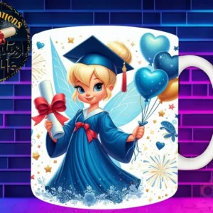 Taza de sublimación con Campanita (Tinkerbell) graduada 3D animada celebrando la Clase 2024 con diploma y globos
