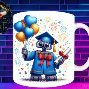 Taza de sublimación con Wall-E graduado 3D animado celebrando la Clase 2024 con diploma y globos