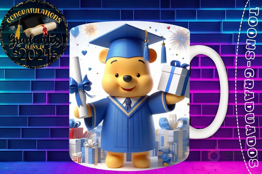 Taza de sublimación con Winnie the Pooh graduado 3D animado celebrando la Clase 2024 con diploma y regalo Taza de sublimación con Winnie the Pooh graduado 3D animado celebrando la Clase 2024 con diploma y regalo