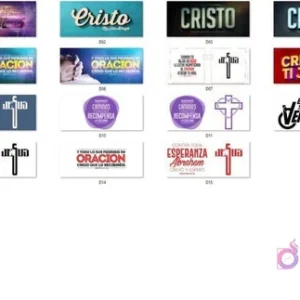 Mosaico de 15 diseños JPG para tazas cristianas, mostrando frases de fe, inspiración y simbología de cruces en varios estilos.