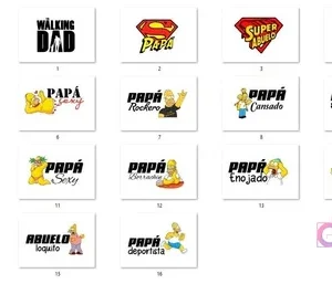 Muestra de las 16 plantillas PNG para sublimar gorros del Día del Padre, incluyendo diseños con Homer Simpson, The Walking Dad, Super Papá y #1 Papá, junto con icono de mockups.