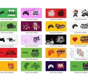 Muestrario completo de 30 diseños variados de plantillas para sublimación de tazas con temática del Día del Padre Gamer, incluyendo mandos, texto y personajes