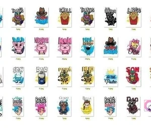 Cuadrícula de numerosos diseños de vectores PNG para sublimación con personajes chibi y frases alusivas a 'Papá', 'Dad', 'Son', 'Hijo', incluyendo Cookie Monster, cerdos, cowboys.