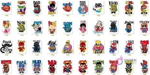 Cuadrícula de numerosos diseños de vectores PNG para sublimación con personajes chibi populares y frases de 'Papá', 'Dad', 'Son', 'Hijo', incluyendo Nemo, Shrek, Dragon Ball, superheroes. Cuadrícula de numerosos diseños de vectores PNG para sublimación con personajes chibi populares y frases de 'Papá', 'Dad', 'Son', 'Hijo', incluyendo Nemo, Shrek, Dragon Ball, superheroes.