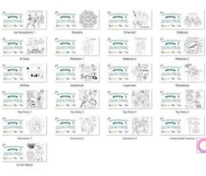 Cuadrícula mostrando 35 de las 80 plantillas infantiles JPG para sublimar tazas, con personajes como Los Simpsons, Pokémon y Toy Story.