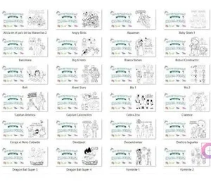 Visualización de 35 plantillas JPG para tazas infantiles, incluyendo personajes como Alicia, Bob Esponja, Capitán América y Dragon Ball Super.