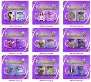 Vista en cuadrícula de plantillas de tazas para sublimación de profesiones como ingeniera, mecánico, psicóloga y más del volumen 2