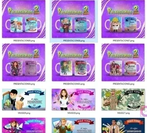 Conjunto de 15 mockups de tazas para sublimar con diferentes diseños de profesiones, incluyendo piloto, soldado, patinadora, del pack Vol. 2