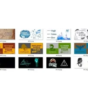 Muestrario de 16 diseños de sublimación de Harry Potter incluyendo mapas, escudos de casas, personajes y frases icónicas