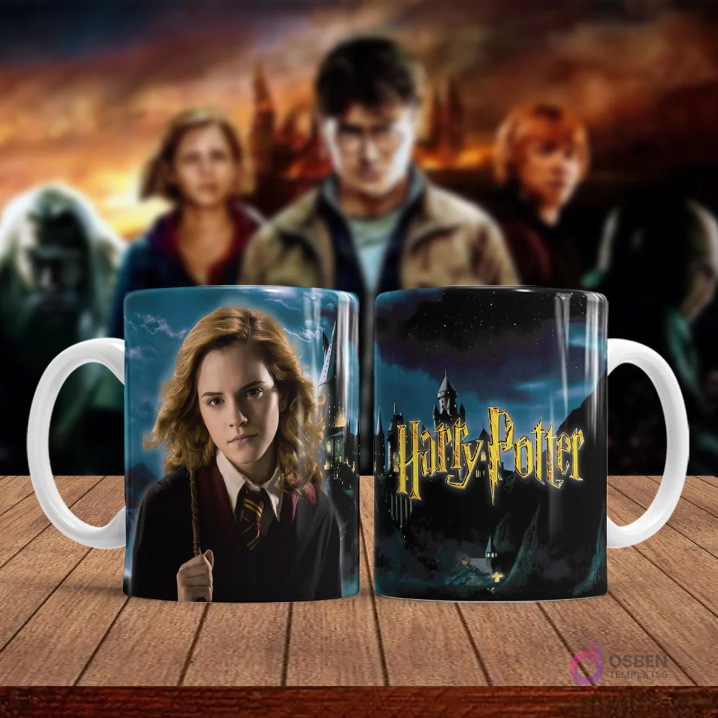 Taza sublimada con diseño de Hermione Granger con su varita mágica, fondo del castillo de Hogwarts. Taza sublimada con diseño de Hermione Granger con su varita mágica, fondo del castillo de Hogwarts.
