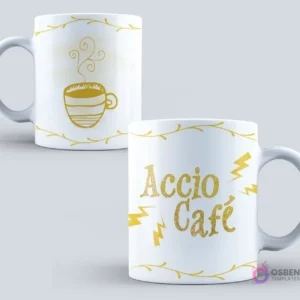 Taza blanca con el divertido hechizo 'Accio Café' en dorado y un dibujo estilizado de una taza de café, ideal para los amantes de Harry Potter