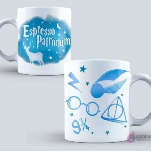 Taza blanca de sublimación con diseño azul de ciervo Patronus, texto 'Espresso Patronum' y símbolos de Harry Potter