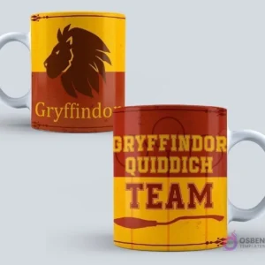 Taza de Harry Potter con el emblema del león de Gryffindor y la frase 'Gryffindor Quidditch Team' en colores rojo y amarillo