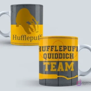 Taza de Harry Potter con el tejón de Hufflepuff y el texto 'Hufflepuff Quidditch Team' en amarillo y gris