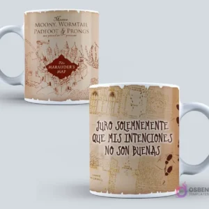 Taza blanca con el icónico Mapa del Merodeador de Harry Potter y la frase 'Juro solemnemente que mis intenciones no son buenas'