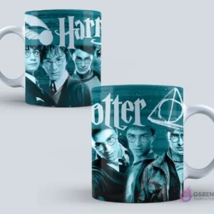 Taza con collage de personajes principales de Harry Potter, el logo de la película y el símbolo de las Reliquias de la Muerte en tonos azul verdoso