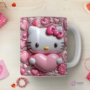 Taza sublimada con Hello Kitty 3D en relieve con corazón rosa rodeada de patrones de corazones brillantes y espirales en tonos pastel.