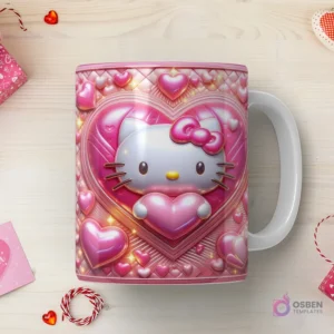 Taza sublimada con Hello Kitty 3D con corazón rosa, sobre un corazón metálico brillante con pequeños corazones alrededor en tonalidades rosadas.
