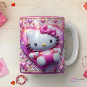 Taza sublimada con Hello Kitty 3D con vestuario rosa, recostada sobre un gran corazón rosado con patrón de rejilla y pequeños corazones.