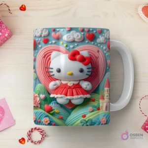 Taza sublimada con Hello Kitty 3D con vestido rojo y corazón, en un valle montañoso con un castillo, arcoíris y corazón texturizado de fondo.