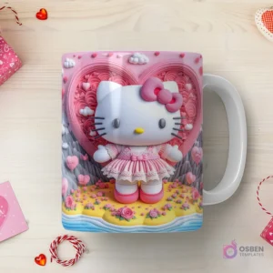 Taza sublimada con Hello Kitty 3D con vestido rosa de volantes, parada en una playa con flores, frente a un corazón gigante de ondas pastel.