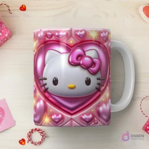Taza sublimada con Hello Kitty 3D en relieve sobre un gran corazón rosado brillante con marcos y luces, rodeada de pequeños corazones.