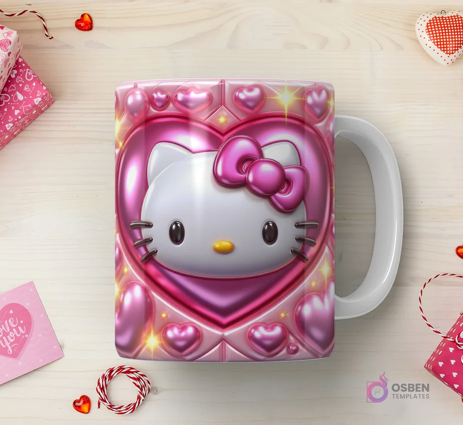 Taza sublimada con Hello Kitty 3D en relieve sobre un gran corazón rosado brillante con marcos y luces, rodeada de pequeños corazones. Taza sublimada con Hello Kitty 3D en relieve sobre un gran corazón rosado brillante con marcos y luces, rodeada de pequeños corazones.
