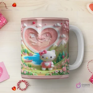 Taza sublimada con Hello Kitty 3D con atuendo rosa, en un paisaje verde con un lago, bote, montañas y un gran corazón texturizado de fondo.