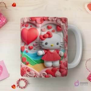 Taza sublimada con Hello Kitty 3D con vestido rojo y corazón grande, en un paisaje de colinas onduladas con corazones flotantes en 3D.