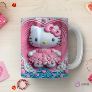 Taza sublimada con Hello Kitty 3D con vestido rosa de capas, sobre un corazón gigante de ondas, rodeada de agua y rosas en relieve.