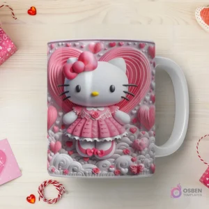 Taza sublimada con Hello Kitty 3D con vestido rosa y lazo, sobre un corazón ondulado con nubes y pequeños corazones en un paisaje onírico.