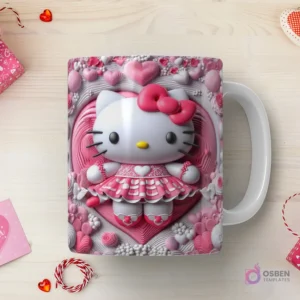 Taza sublimada con Hello Kitty 3D con vestido rosa y zapatos, sobre un corazón con detalles de perlas y burbujas en un marco decorativo.