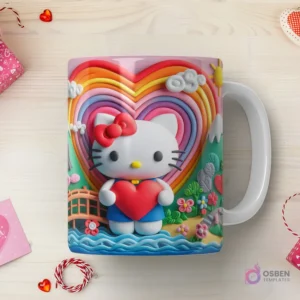 Taza sublimada con Hello Kitty 3D con corazón rojo, en un paisaje montañoso con un arcoíris en forma de corazón y un puente de madera.