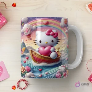 Taza sublimada con Hello Kitty 3D en un bote de madera con un corazón rosa, navegando en un río ondulado bajo un cielo con arcoíris y globos aerostáticos.