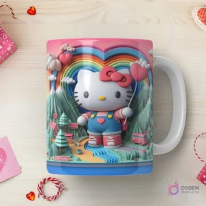 Taza sublimada con Hello Kitty 3D con overol y globo en forma de corazón, parada en un paisaje montañoso con arcoíris en forma de corazón.