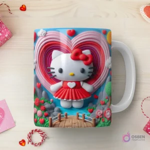 Taza sublimada con Hello Kitty 3D con vestido rojo y corazón, frente a un corazón gigante texturizado en un paisaje verde con puente y flores.