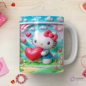 Taza sublimada con Hello Kitty 3D con camiseta de rayas y corazón rojo, en un entorno idílico con montañas, lago y nubes en 3D.