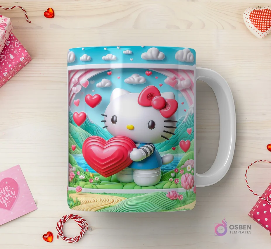 Taza sublimada con Hello Kitty 3D con camiseta de rayas y corazón rojo, en un entorno idílico con montañas, lago y nubes en 3D. Taza sublimada con Hello Kitty 3D con camiseta de rayas y corazón rojo, en un entorno idílico con montañas, lago y nubes en 3D.