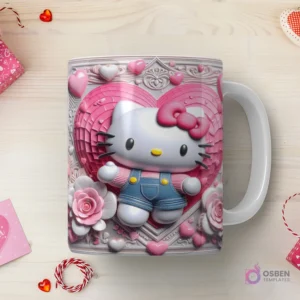 Taza sublimada con Hello Kitty 3D con overol azul, sobre un corazón decorativo con marcos, rosas y pequeños corazones en relieve pastel.
