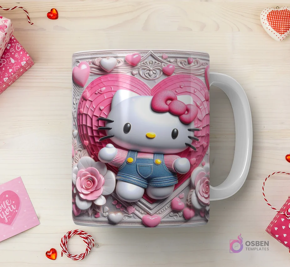 Taza sublimada con Hello Kitty 3D con overol azul, sobre un corazón decorativo con marcos, rosas y pequeños corazones en relieve pastel. Taza sublimada con Hello Kitty 3D con overol azul, sobre un corazón decorativo con marcos, rosas y pequeños corazones en relieve pastel.