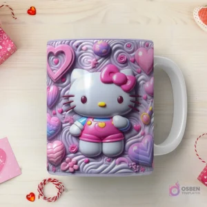 Taza sublimada con Hello Kitty 3D con vestuario rosa, rodeada de corazones y formas orgánicas en relieve sobre un fondo lila.
