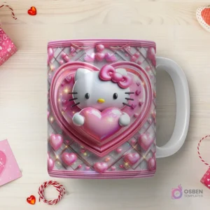 Taza sublimada con Hello Kitty 3D con corazón rosa brillante, sobre un corazón más grande con patrón geométrico y destellos luminosos.