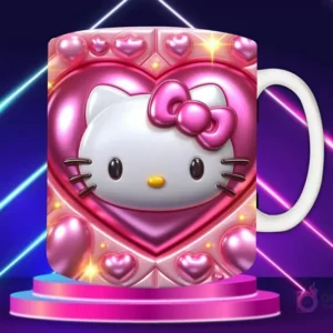 Taza sublimada con diseño 3D de Hello Kitty con lazo rosa, cabeza centrada en un corazón brillante rosa y elementos ornamentales.