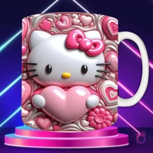 Taza sublimada con diseño 3D de Hello Kitty con lazo rosa, sosteniendo un corazón rosa, rodeada de corazones y adornos en tonos rosa y blanco.