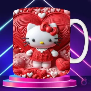 Taza sublimada con diseño 3D de Hello Kitty vestida de rojo con lazo rojo, en un campo de corazones rojos y formas curvas texturizadas.